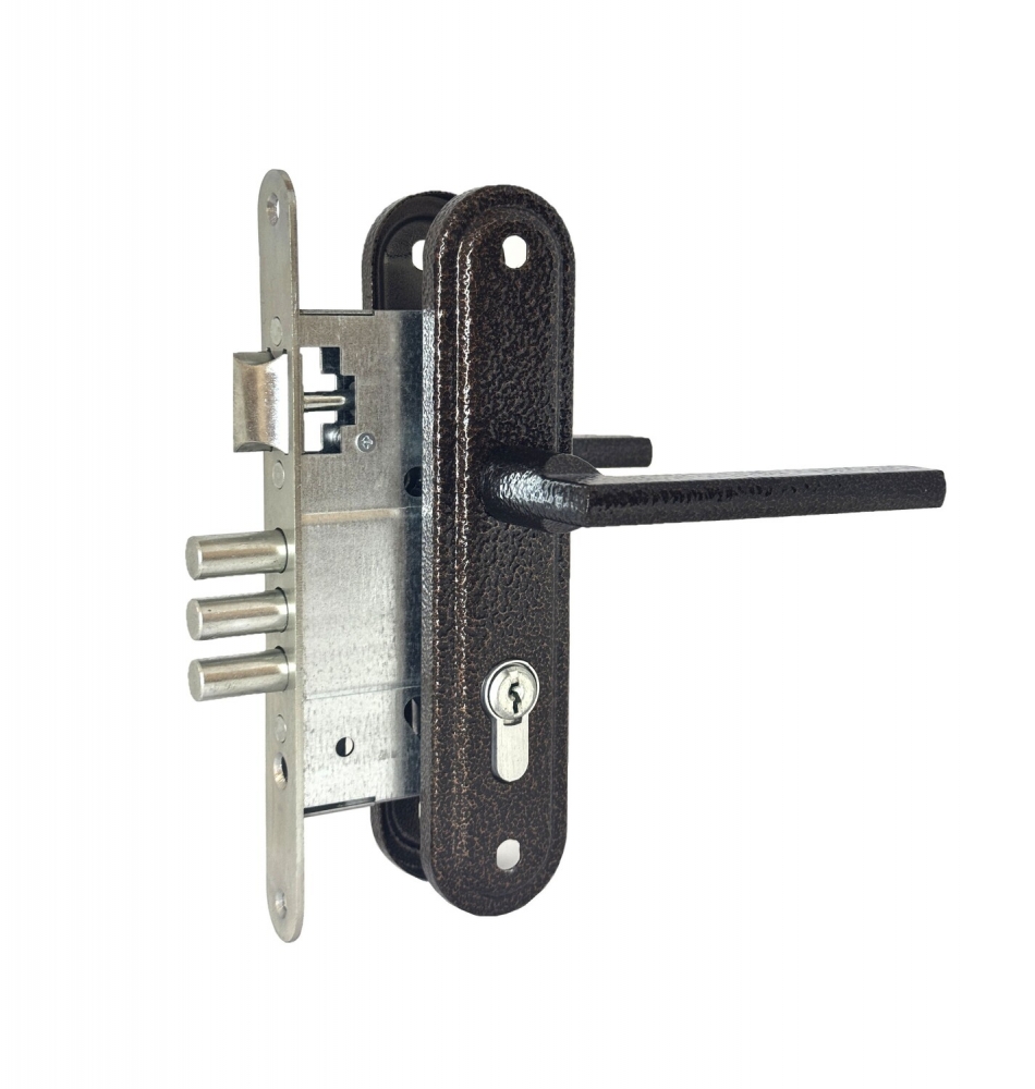 Фото Замок врезной цилиндровый с защёлкой в комплекте с ручкой ЗВ4-3/09Р (медь), 4 кл.